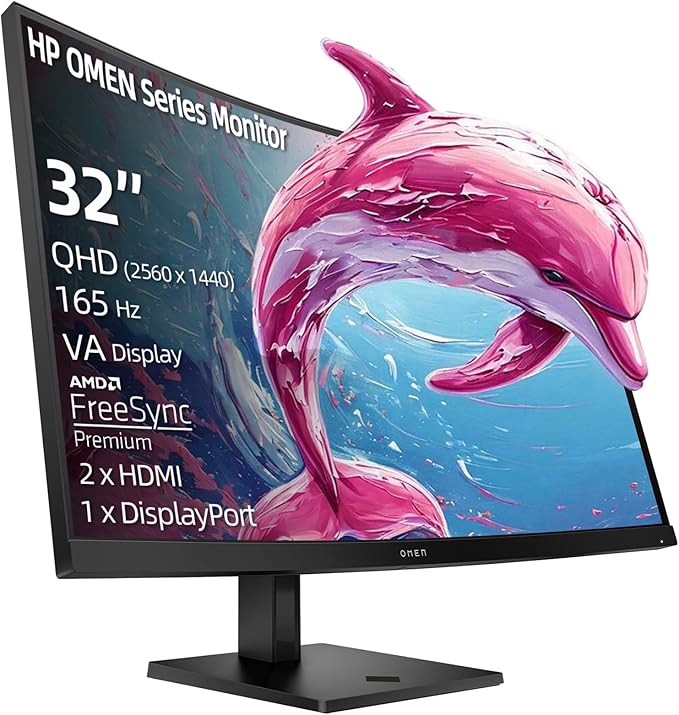 HP OMEN 32c Curved Gaming Monitor - 31.5-inch QHD (2560 x 1440) VA Display 165Hz Refresh Rate 1ms Response Time AMD FreeSync Premium 99% sRGB Adjustable Stand for Console and PC Gaming - Black