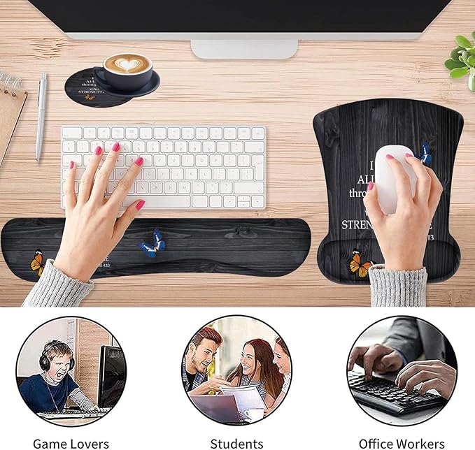 3 in 1 Keyboard Wrist Rest + Mouse Pad and Coaster Ergonomic Gel Mouse Pad and Keyboard Pad Set Comfortable Lightweight for Easy Typing Pain Relie Phil 4-13