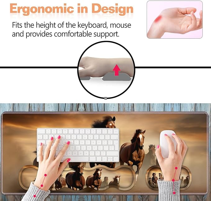 Ergonomic Keyboard Wrist Rest and Mouse Pad Wrist Rest Set Large XXL Gaming Mousepad 31.5x 11.8 Memory Foam Easy Typing Pain Relief Multifunctional Desk Mat for Office &amp Home Galloping Hors