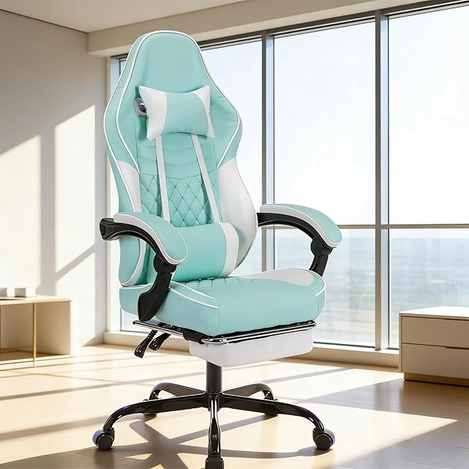 Gaming Chair with Footrest Ergonomic Computer Gaming Chair with Massage Lumbar Support and Pocket Spring Cushion Reclining Adult Gaming Chair for Home Office (Green)