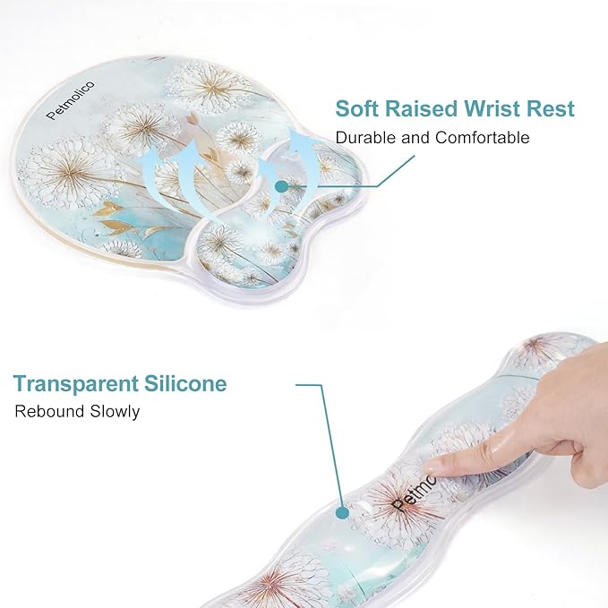 Petmolico Mouse Pad with Wrist Rest-Clear Gel Wrist Rest for Keyboard and MouseLarge Non-Slip Desk Mat and Heat-Resistant Cup CoastersErgonomic Design for Typing Pain（DandelionWhite）