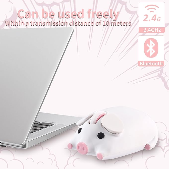 Wireless Bluetooth Mouse Cute Little Pig Dual Mode(BT &amp 2.4G USB) Silent Portable Ergonomic Wireless Optical Kawaii Mice for PC Laptop Tablet Computer Kids Boys Girls Animal Lovers Gift (White)