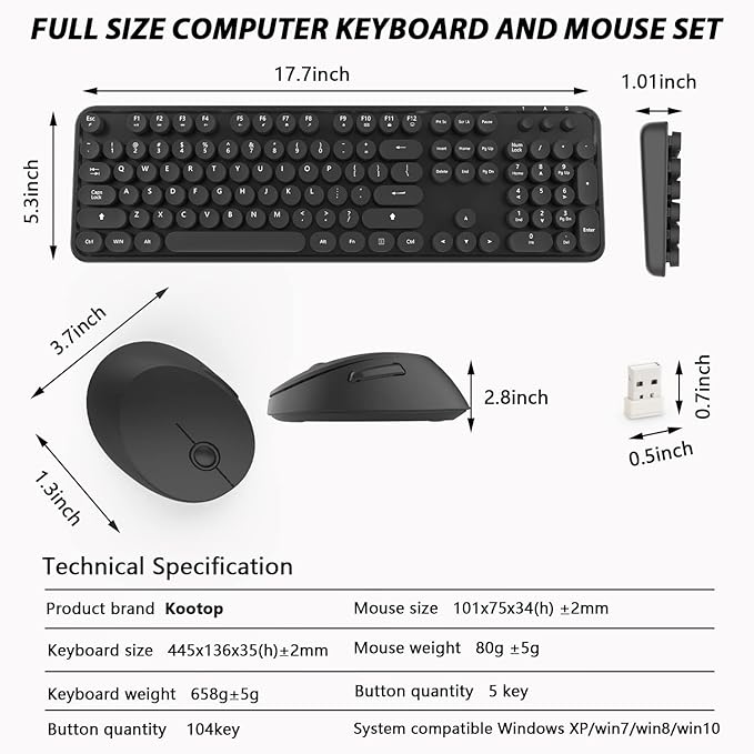 Wireless Keyboard and Mouse KOOTOP Cute Black Keyboard and Mouse 2.4G Wireless Keyboard with Retro Round Keycap for PC Mac LaptopTabletComputer Windows (Black)