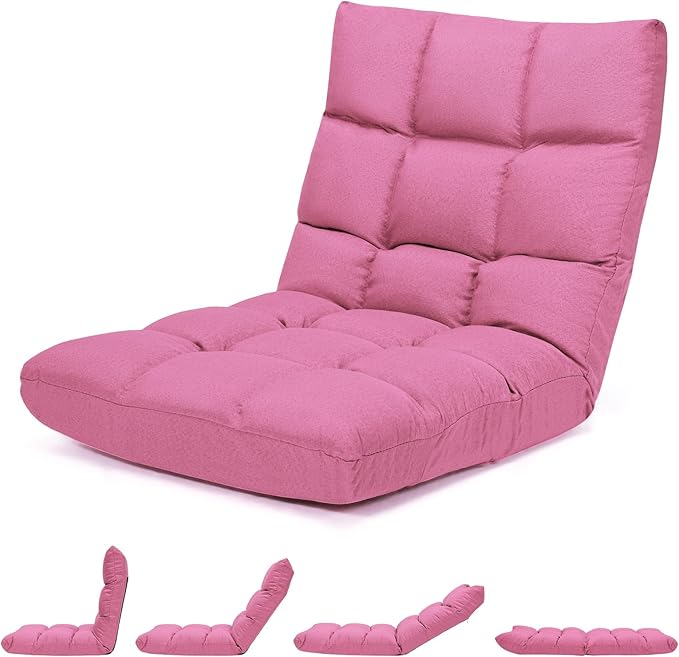 MAT EXPERT 14-Position Floor Chair Floor Gaming Chair w/Resilience Sponge Alloy Steel Frame Padded Bed Couch Recliner Floor Chair with Back Support for Reading Meditating (Pink)