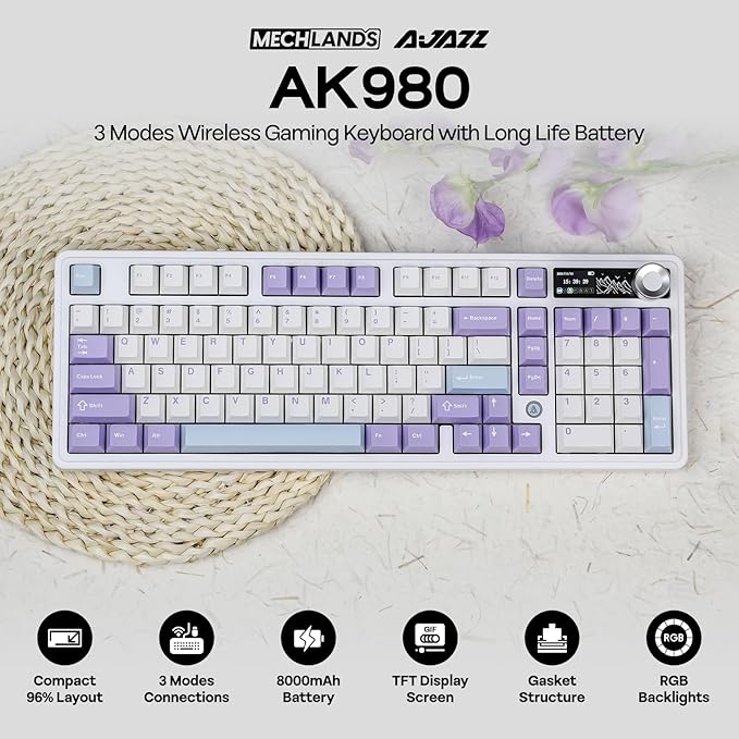 MechLands AJAZZ AK980 V2 Mechanical Gaming Keyboard with Display Screen 10000mAh Battery 98% Wireless Keyboard with BT/USB-C/2.4GHz Hot Swappable Knob RGB for Win/Mac (White Gift V2 Switch)