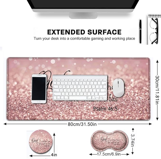 Large Gaming Mouse Pad Extended Waterproof Desk Pad Protector (31.5 x 11.8) Ergonomics Memory Foam Mouse Wrist Rest Support for Home Office Laptop Easy Typing Psalm 46:5 Bible Pink Mouse Mat