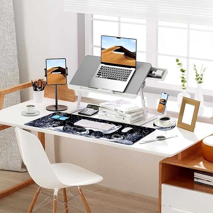 Keyboard Mouse Pad Set Extended Gaming Mouse Pad+Ergonomics Keyboard Wrist Rest Support Memory Foam Easy Typing Pain Relief 4Pcs XL Ultra Thick Desk MatFox Snowy Night Sky