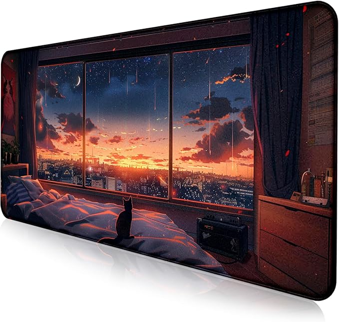 Anime Cat Fantasy Window Mouse Pad Summer Mouse Pad Large Healing Night Scene Game Table Pad XL Office Decoration Women's Laptop Keyboard Pad 35.4 x 15.7 x 0.12 Inches