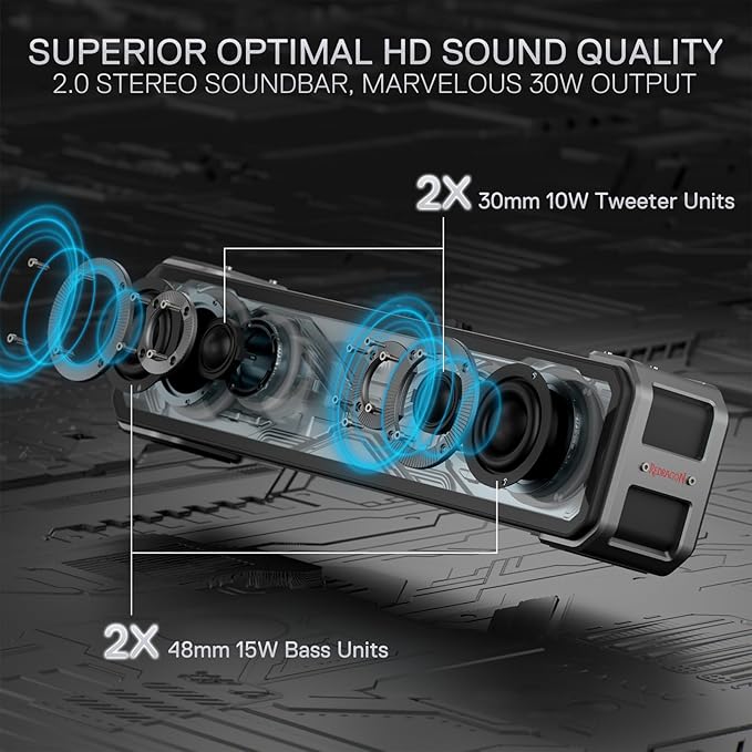 Redragon GS817 RGB Desktop Soundbar 2.0 Channel Stereo Speakers for Desktop w/Massive 30W Max Power Touch-Control Bluetooth 5.3 &amp 3.5mm AUX Inputs Black