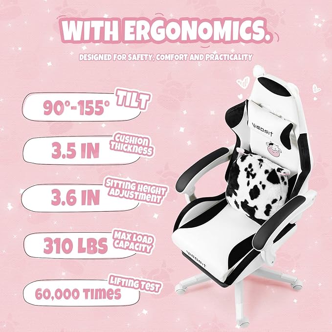 【Gaming Chair with Paw Cushion】 Kawaii PC Gamer Chair for Girls Teens Adjustable Height &amp 90-155° Recline 360° Swivel with Retractable Footrest (BlackWhite)