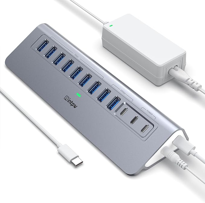 Powered USB Hub 10Gbps intpw YH9AC 12-Port USB Splitter with USB A/USB C 3.2 4 USB 3.0 2 PD 45W Charging Ports 65W Power Adapter + 3.3FT Cable Aluminum USB Extender Hub for Laptop/PC/iPhone 16/15