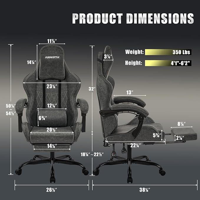 Gaming Chair Big and Tall Grey Leather Video Game Chairs with Footrest Padded Linkage Armrests &amp Large Headrest Ergonomic Computer Chair 350lbs for Adults Gaming or Office Use