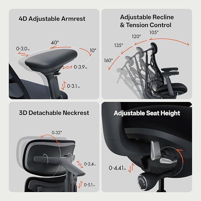 LiberNovo Dynamic Ergonomic Office Chair - Comfy Adjustable Desk Chair with Adaptive Lumbar Support 160° Recline &amp Built-in Spine Stretch for Back Comfort Home Office Long Hours Use Black+48cm