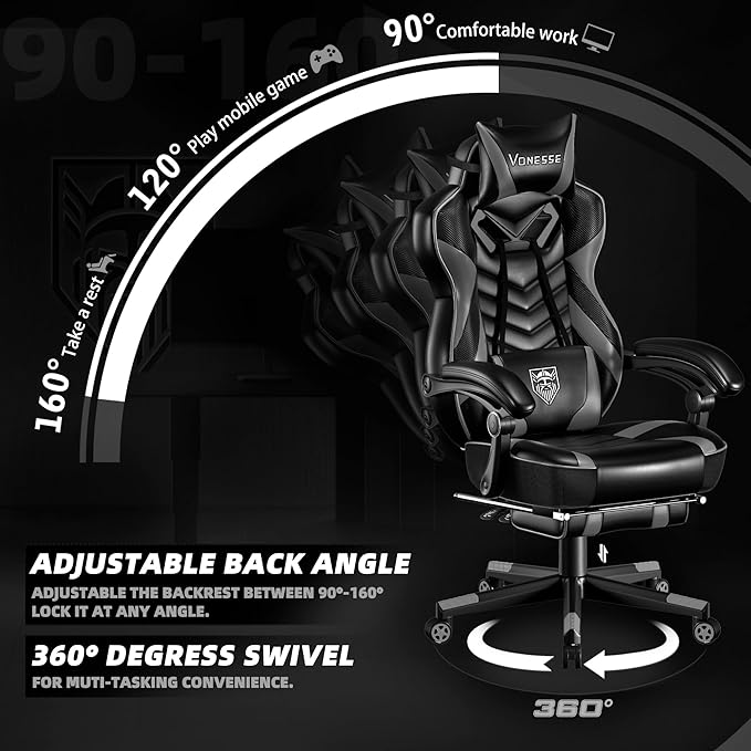 Vonesse Gaming Chair Big and Tall Gaming Chair with Footrest and Massage Gaming Chairs for Adults with Lumbar Support Ergonomic High Back Computer Chair with Pocket Spring Cushion (Grey/Black)