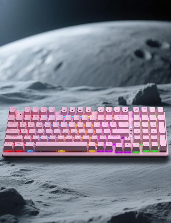 Wireless Mechanical Gaming Keyboard and Mouse Combo 98 Keys RGB Backlit Rechargeable 2000mAh Battery 3-Mode BT5.0/2.4G/USB-C (Pink)