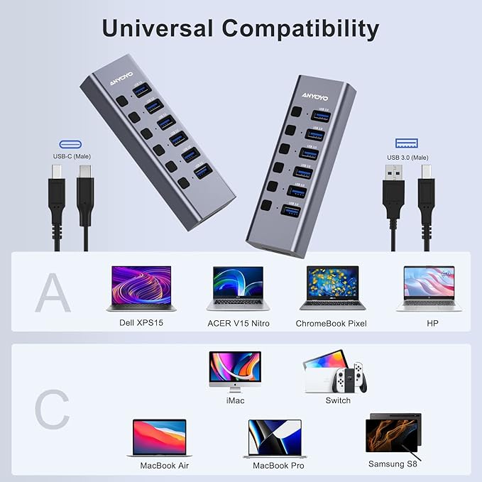 Powered USB Hub with TF/SD Card Reader 8-Port USB 3.0 Hub with 6 USB 3.0 Data Ports USB Spilter with Individual On/Off SwitchesAluminum USB Hub with AC Adapter for PC Desktop MacBook