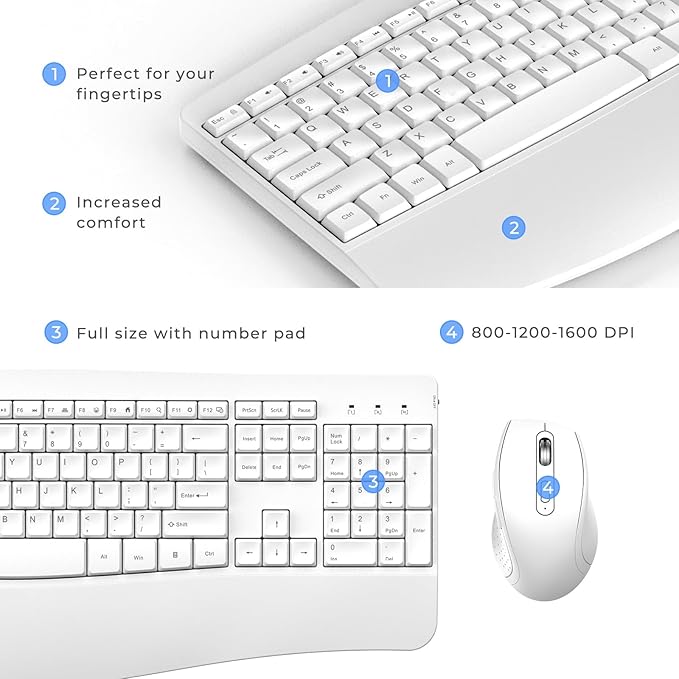 Ergonomic Keyboard and Mouse Combo Full Size Cordless Computer Keyboard with Palm Wrist Rest Ergonomic Mouse for Windows Computers Laptops - White