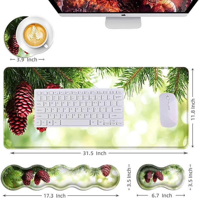 Mouse PadLarge Desk Mat Set 4in1 XL Mousepad + Keyboard Wrist Rest+Mouse Wrist Rest+Coaster with Ergonomic Desk Pad for Home Office Table Computer Cover -Pine Cones on Green Branches