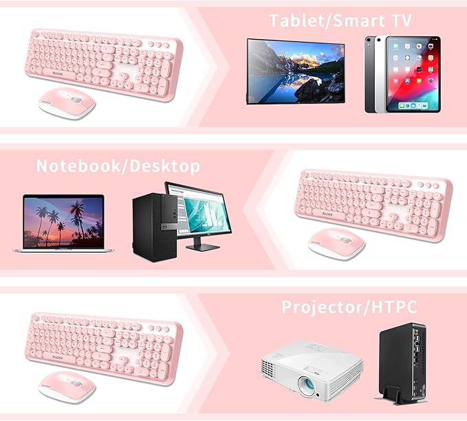 Pink Wireless Keyboard and Mouse Combo Retro Typewriter Style Cute Bubble Keyboard with Round Keycaps 2.4GHz Full Size Creamy Keyboard&ampMouse with 3 DPI for Long Nails for PC Laptop Desktop Compu