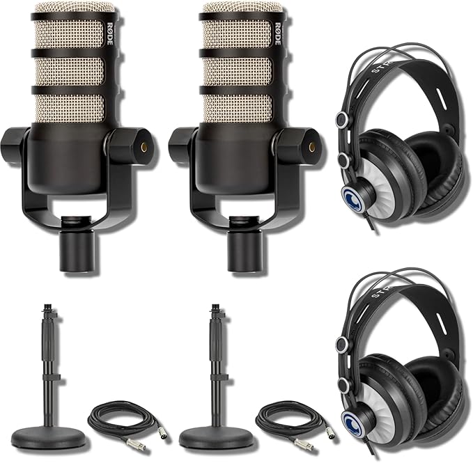 Rode PodMic Dynamic Podcasting Microphones (Pair) with Rode DS1 Microphone Desk Stands TH-02 Studio Podcast Headphones XLR Cables and StreamEye Polishing Cloth