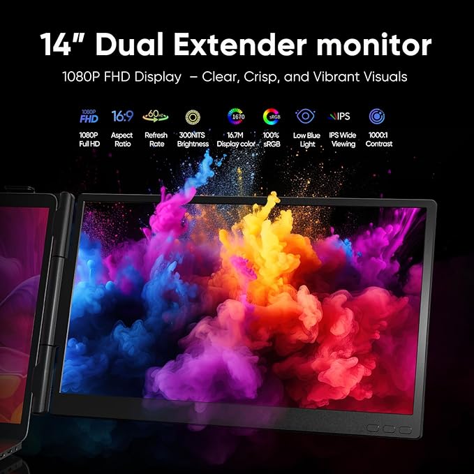 Laptop Screen Extender 14 FHD 1080P Dual Screen Monitor for Laptop Ultra-Light Portable Monitor with USB-C/HDMI Plug &amp Play for Windows/Mac/Chrome/Linux/Android/Switch/PS5