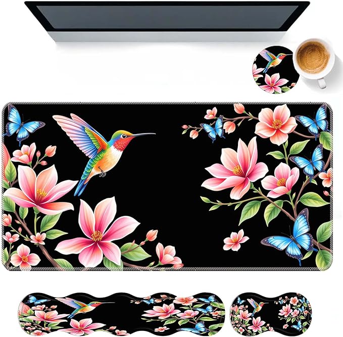 Keyboard Mouse Pad SetLarge Desk Pad+Keyboard Wrist Rest+Mouse Wrist Support+CoasterEasy Typing Pain Relief Non-Slip Wrist Support Mousepad Set Home OfficeHummingbird Blossom