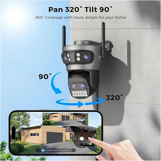 16MP WiFi Camera IP PTZ Three Screen 180° Wide Angle Auto Tracking 10X Digital Zoom 20MP Security Protection(EU Plug16MP NO SD Card)