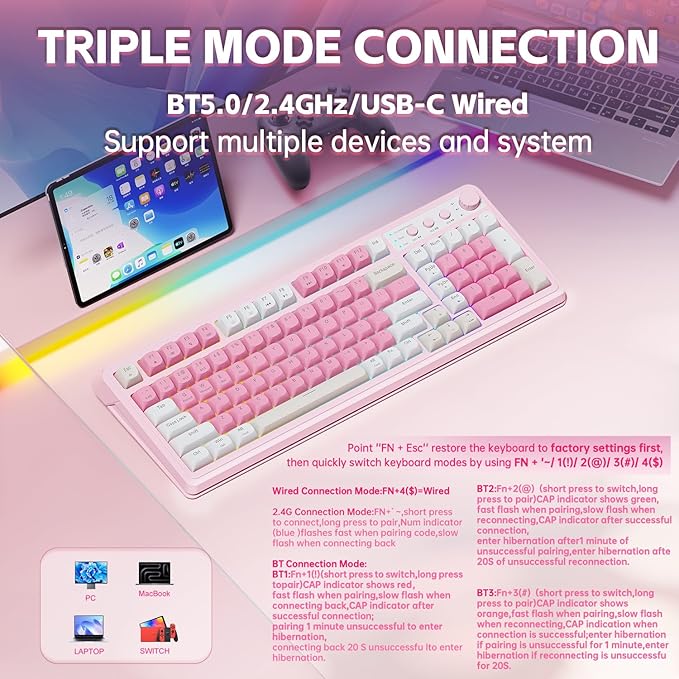 AULA 99 Key Keyboard Wireless Gaming Keyboard Bluetooth Computer Keyboards Creamy Cute with Number Pad RGB Backlit Tri-Mode BT/2.4GHz/USB-C - Pink