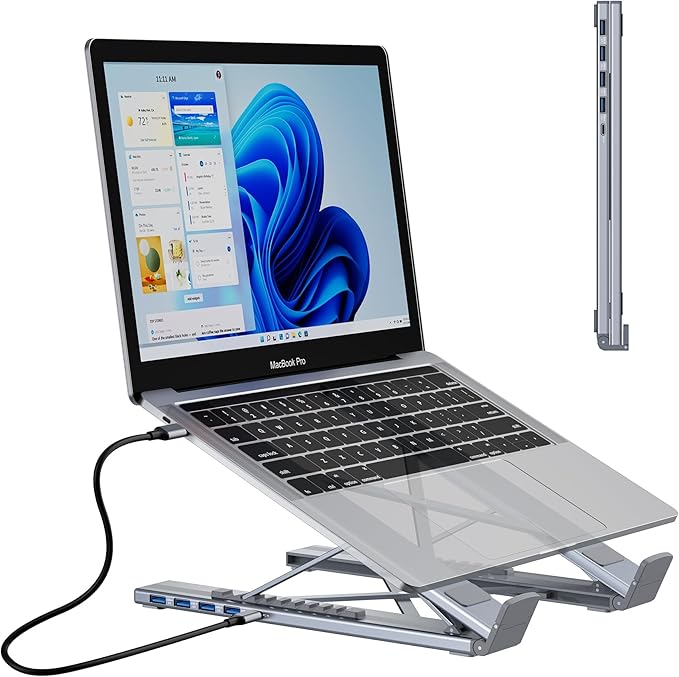 M61 USB C to USB Hub Portable Laptop Stand Aluminum 4 Ports USB3.0 Multiport Adapter Adjustable Laptop Docking Station Stand Compatible with MacBook Pro/Air Chromebook Keyboard Mouse HDD