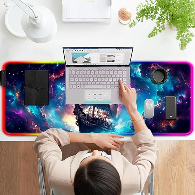 RGB Fantasy Pirate Ship Gaming Desk Mat Computer Keyboard Large Extended Long LED Mouse Pad for Office and Home XL (W01)