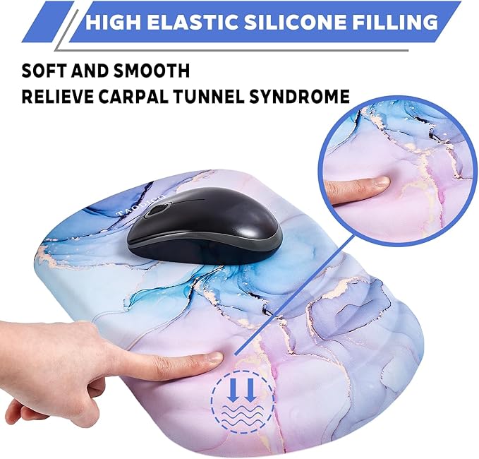 Ergonomic Mouse Pad with Wrist Rest Milk Silk Fabric Durable Silicone Filling Non-Slip Pu Base Massage Design Pain Relief Mousepad for Wireless Mouse and Desk 12x8inch Pink Marble