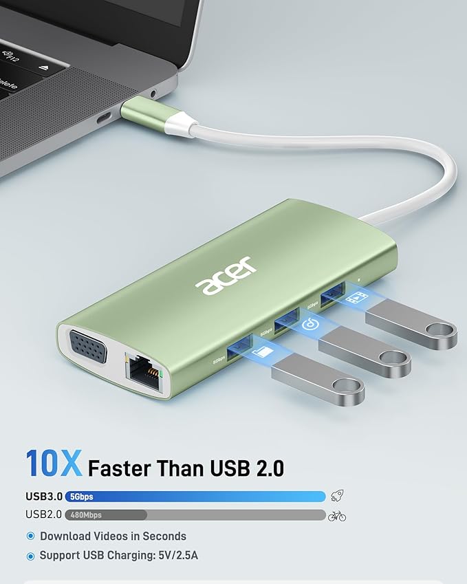 Acer USB C Hub with 4K HDMI 9-in-1 USB C to Ethernet Adapter 5Gbps USBA 3.0 Docking Station VGA Splitter SD Card Reader PD 100W Charging for MacBook Acer Laptops Surface and More (Green)