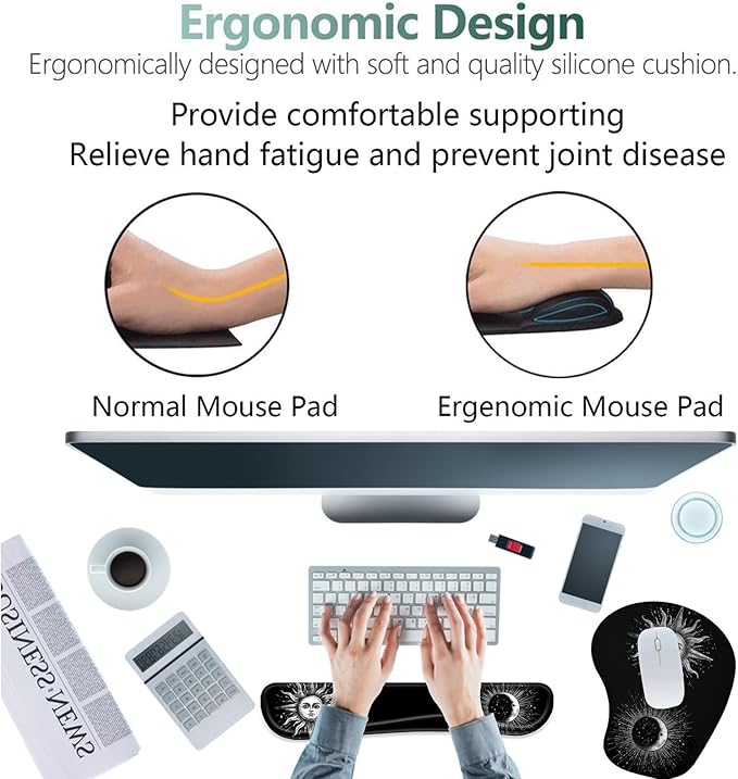 Keyboard Wrist Rest Pad Ergonomic Mouse Pad SetNon-Slip PU Base for Laptop Home Gaming OfficeMatching Elephant Pen Holder and Cup Coaster(Sun and Moon)