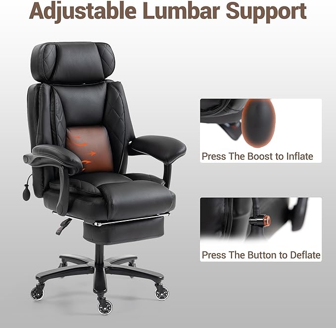 Big and Tall Office Chair for Heavy People Heavy Duty Executive Office Desk Chair with Footrest Waist Lumber Support Adjustable Headrest Black
