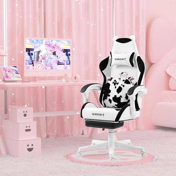 【Gaming Chair with Paw Cushion】 Kawaii PC Gamer Chair for Girls Teens Adjustable Height &amp 90-155° Recline 360° Swivel with Retractable Footrest (BlackWhite)