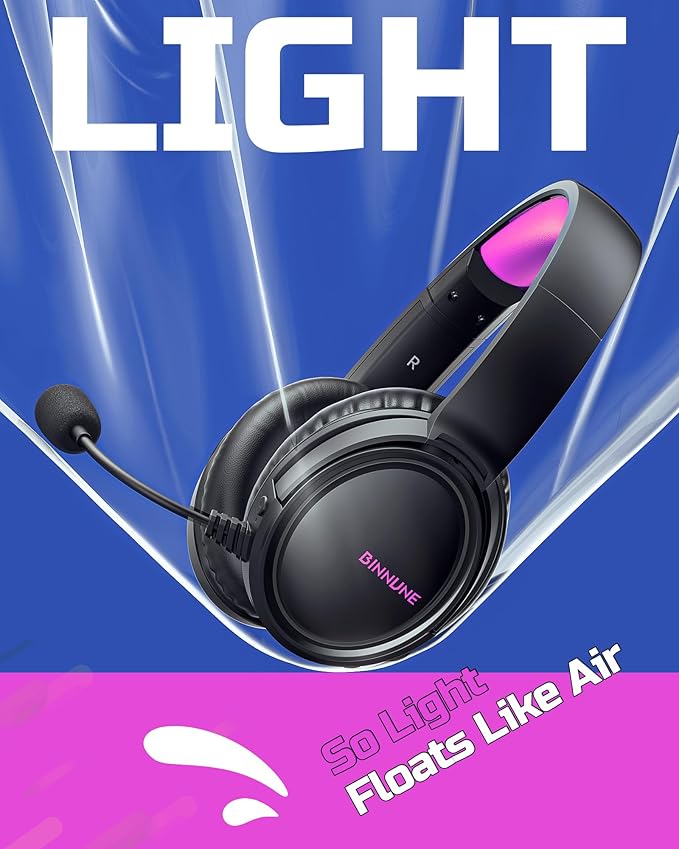 BINNUNE Wireless Gaming Headset — 2.4GHz Low-Latency USB Dongle + Bluetooth 50mm Drivers 7.1 Surround Noise-Cancelling Mic 40H Battery — Over Ear Wireless Headphones for PS5 PC Laptop Purple