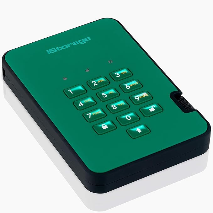 iStorage diskAshur2 HDD 1TB Green | Secure portable hard drive | Password protected | Dust &amp water resistant | Hardware Encryption