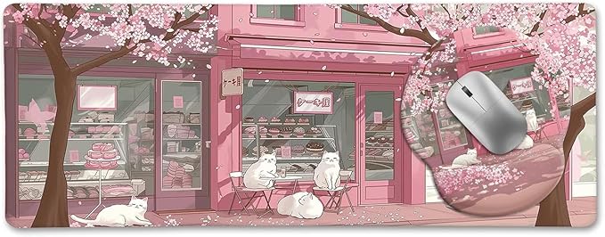 Cat Ergonomic Mouse Pad with Wrist Rest Pink Cherry Blossom Computer Mouse Pad Wrist Support with Non-Slip Pain Relief PU Base Cute Office Desk Decor Accessories Japanese Dessert House