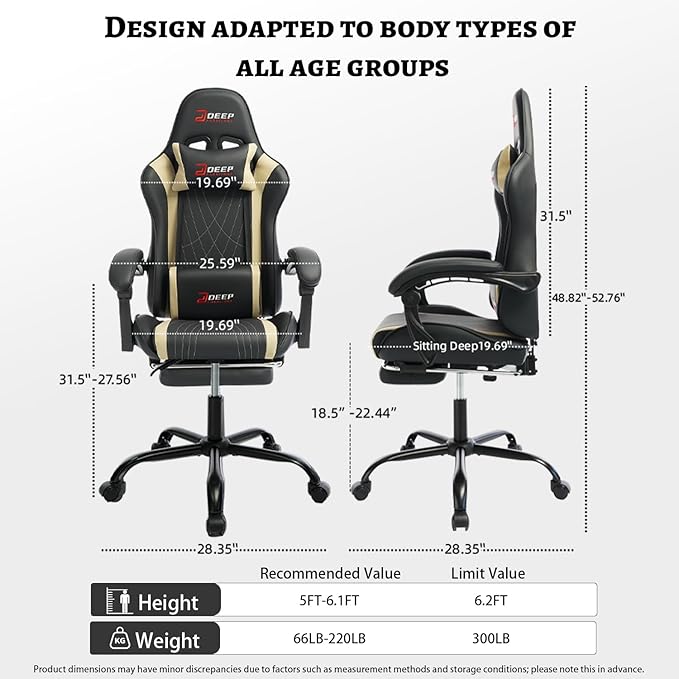 Ergonomic Gaming Chair with Footrest and Lumbar Massage Racing Office Chair High Back Computer Desk Chair with Headrest Pillow for Adults Video Game Chair for PC Gamer (1001-Beige)