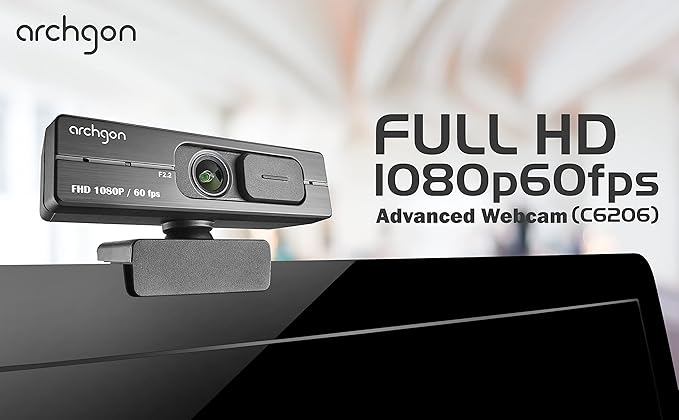 1080P/60fps Webcam C6206 Full HD Streaming Low-Light Correction Wide-Angle Lens Webcam with Dual Omni-Directional Microphone Privacy Cover and Tripod Compatible with Teams Skype and Zoom