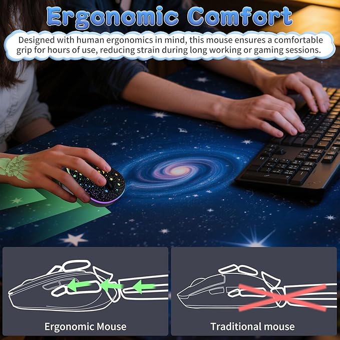 elec Space Bluetooth Wireless Mouse with Starry Sky RGB Backlight&amp Gradient Breathing Light - Ergonomic Dual Mode Rechargeable Mouse Type-C Charging - Perfect for Office Gaming &amp Travel (Bal