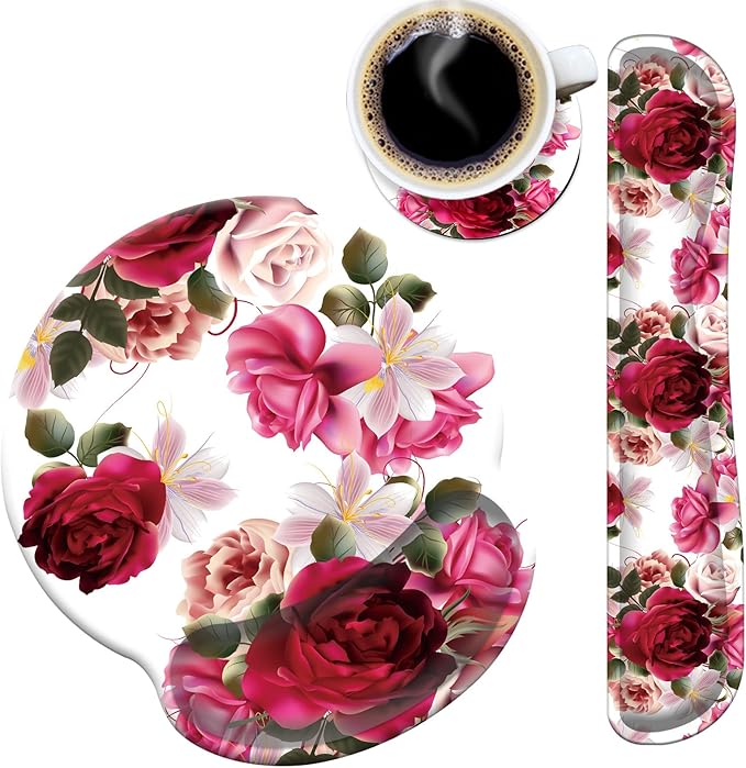 Mouse Pad Wrist Support and Keyboard Wrist Rest with CoasterNon-Slip Rubber Base Ergonomic Gaming Mousepad for Home Office Working Studying Easy Typing &amp Pain ReliefRoses and Hyacinth Flowers