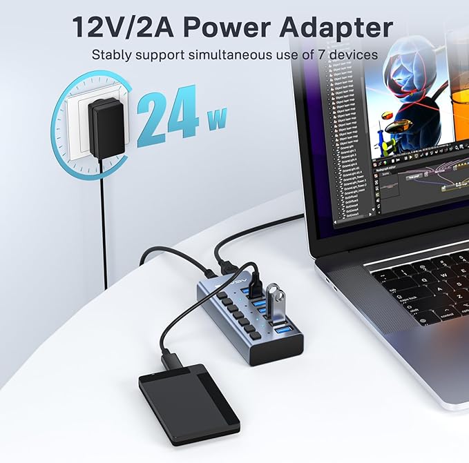 Powered USB 3.2 Hub ACASIS 7 Ports USB 3.2 Hub with 10Gbps Data Speed Aluminum Housing USB Hub Powered with 24W Power Adapter USB Hub for PC/Laptop Computer Flash Drive Printer Camera