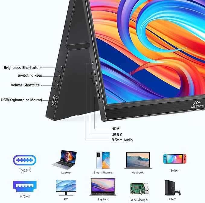 Kenowa Touchscreen Portable Monitor 14 Inch HDR 1080P IPS External Display with USB C HDMI and Speakers &amp Stands Travel Monitor Second Screen for Laptop Phone PC Mac Xbox PS4 Switch