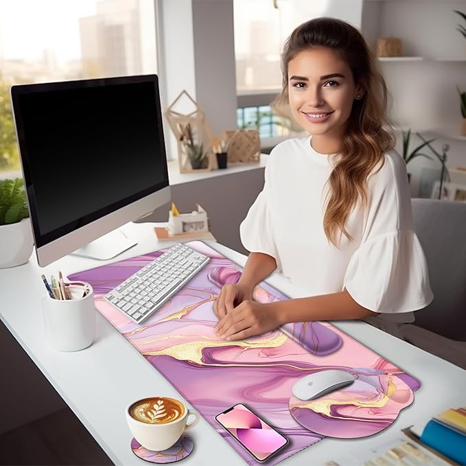 Marble Mouse Pad Set Large Desk Matt for Desktop Ergonomic Mouse Pad with Wrist Rest for Gaming Wrist Support Keyboard Mat Cup Coaster Set Office Desk Decor Accessories