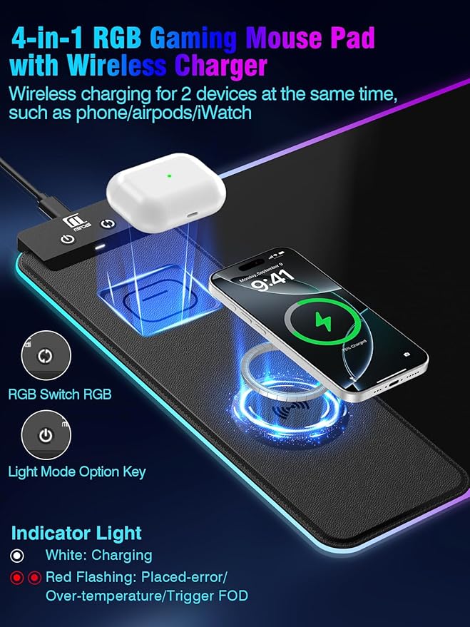 Mouse Pad with Magnetic Wireless Charging Large Desk Pad Protector RGB Black Mousepad Desk Mat with 15W Fast Charger 4mm Thick Non-Slip Waterproof Laptop Writing Pad for Office Home Gaming