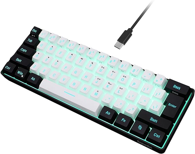 Snpurdiri 60% Wired Gaming Keyboard 61 Keys RGB Backlit Ultra-Compact Small Gaming Keyboard for PC/Mac Gamer Typist Travel Easy to Carry on Business Trip(Black-White)
