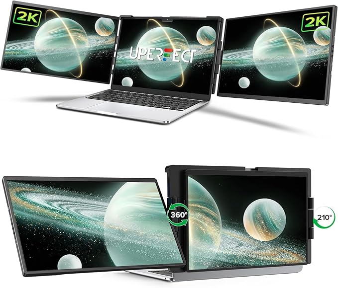 UPERFECT Laptop Screen Extender 2K 14 360° Patented Unique Swivel Hinge Triple Monitor 2240x1400 QHD IPS Portable Dual Monitor for 13.3-17.3'' Laptops Plug &amp Play with Mac Wins Android