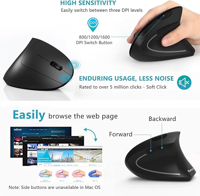 Lekvey Ergonomic Mouse USB C Wireless Vertical Mouse Dual Mode Rechargeable USB-A &amp Type-C Ergo Mouse 1600 DPI Relieves Wrist Pain and Carpal Tunnel for Laptop Computer Mac MacBook PC Black