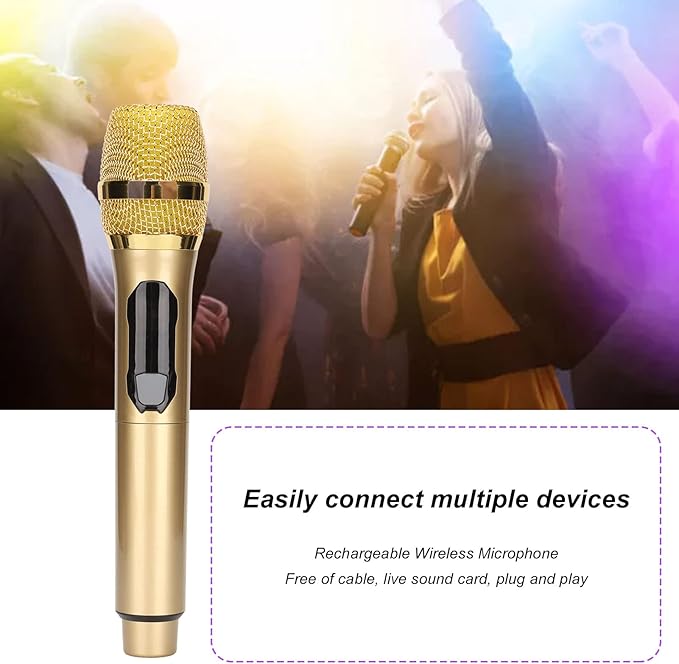 W ireless Microphone Dynamic Mic System Cordless Handheld Mic System with Long Distance UHF Receiver and A Live Sound Card for Karaoke Speech Wedding Church PA System (Gold)